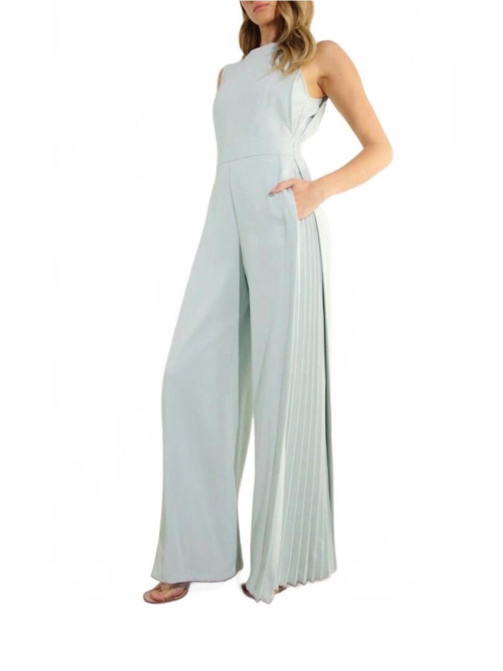 Sleeveless Wide-Leg Pleated Side Jumpsuit in Pale Mint